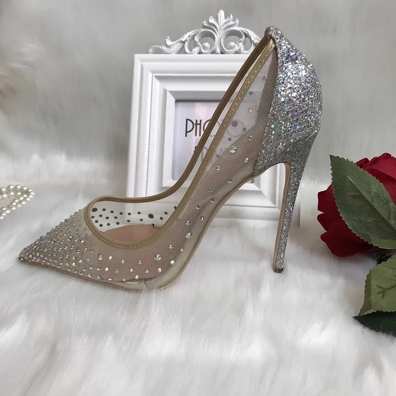Summer pointed shallow mesh rhinestone sequins thin belt single shoes thin high-heeled dress large size small size women sandals