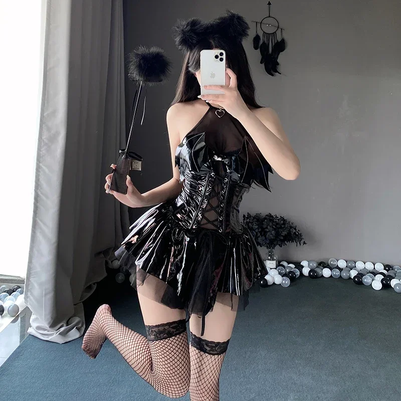 

Cosxie Sexy Lingerie Cosplay Costume Girls Demo Dress Black Little Devil Uniform PU Leather Corset Skirt Night Club Party Wear W