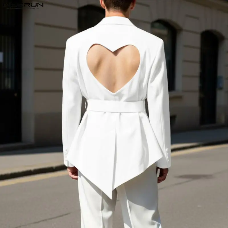 

INCERUN Men Blazer Solid Color Lapel Long Sleeve Hollow Out Male Suit Streetwear Backless Fashion Casual Thin Coats With Belt