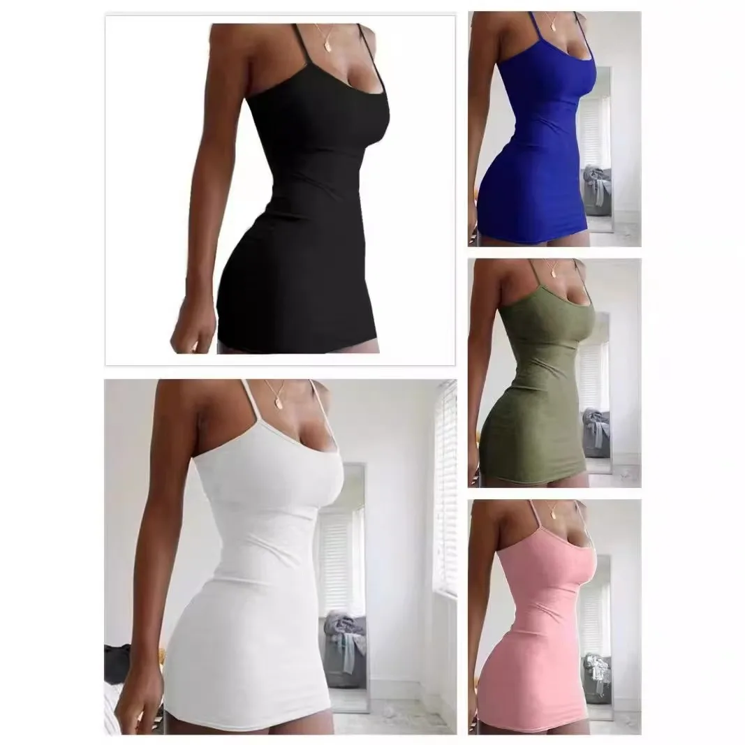 Summer Spaghetti Strap Mini Dress 2025Women Sexy Bodycon Club Party Dresses Short Female Camisole Solid Black Sheath Sundress