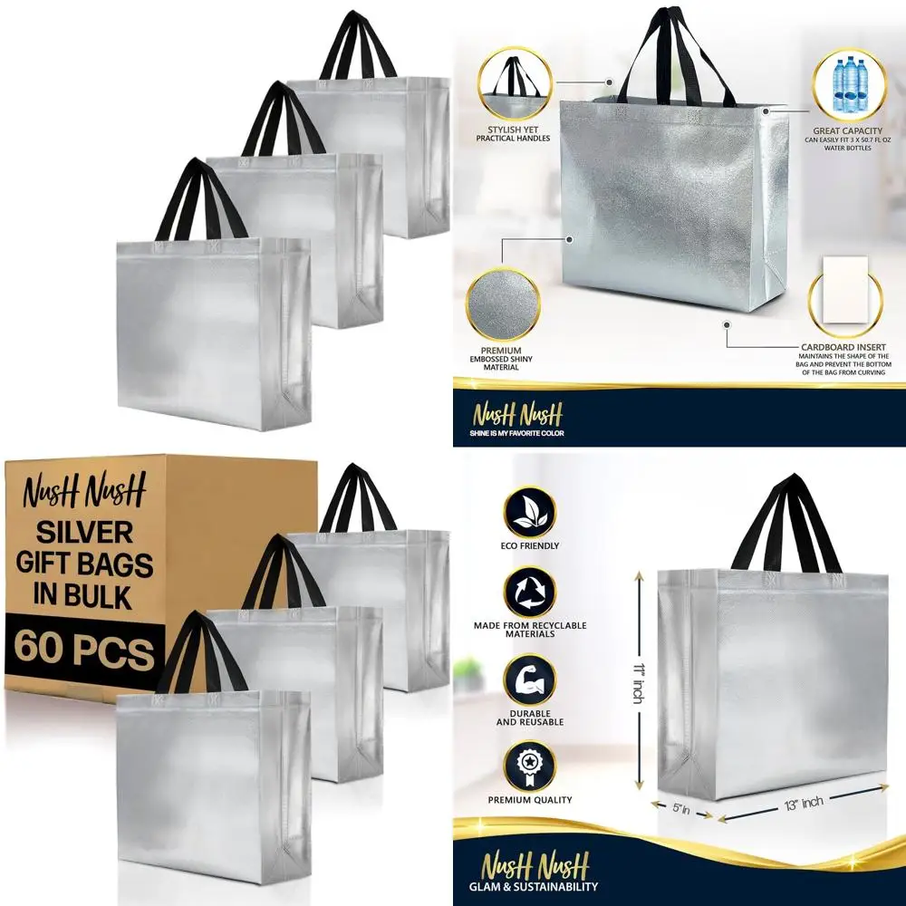 

Набор серебряных подарочных пакетов из 60 штук — многоразовые с ручками, идеально подходящие для вечеринок, праздников и специальных мероприятий (13x5x11)
