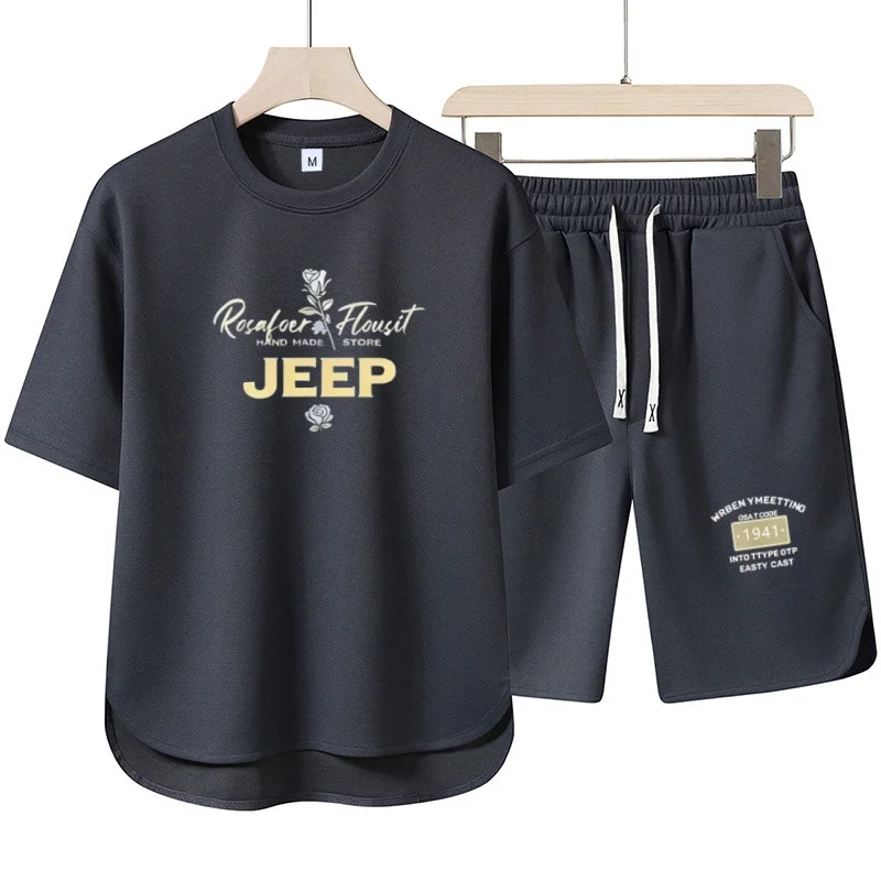 Jeep Men's Sporty and Casual Summer Short-Sleeved Round-neck T-Shirt Set, Drawstring Shorts Set, Fashionable Streetwear