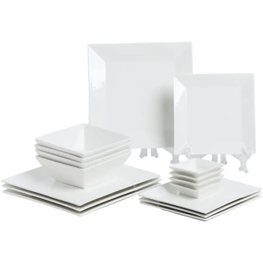 

16-Piece Classic Square Dinnerware Set for 4-Square Dinner Plates Dessert Plates Bowls and Dipping Saucers Off White Dishes for