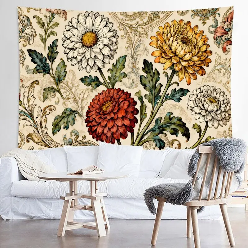 VIKAMA Retro Daisy Chrysanthemum Tapestry, Baroque Flower Wall Hanging, Vintage Botanical Wall Decor for Bedroom Living Room