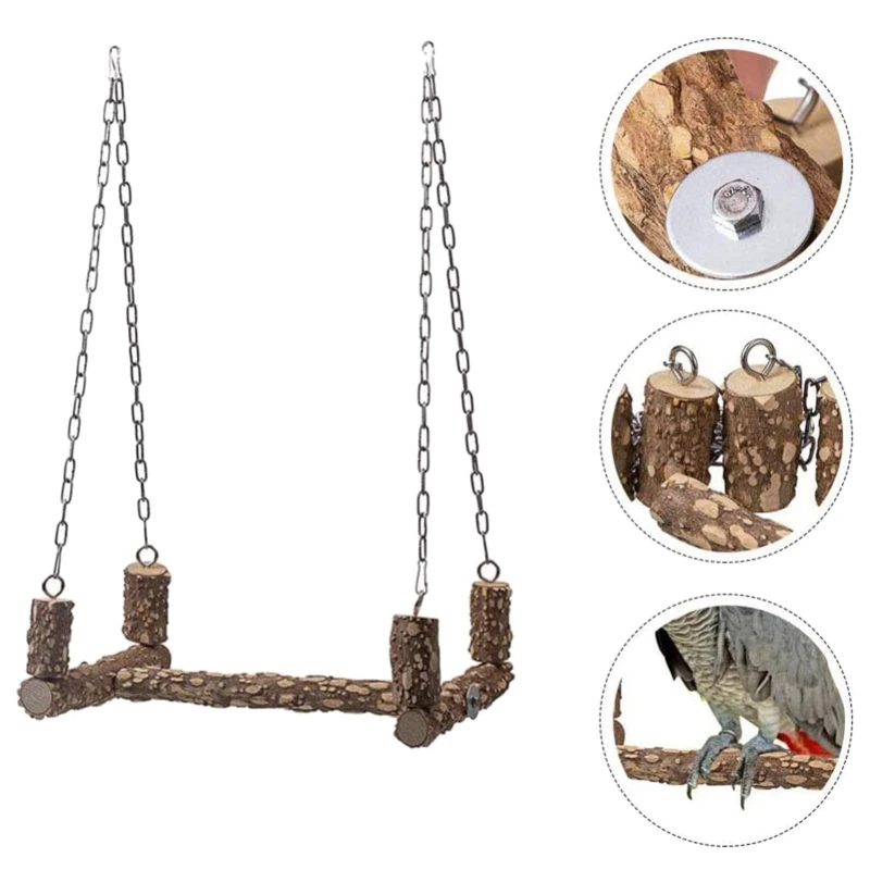 Parrot Swing Natural Bird Toy Wooden Stand Perch Chew Metal Chain Cage Accessories for Large Pet Birds