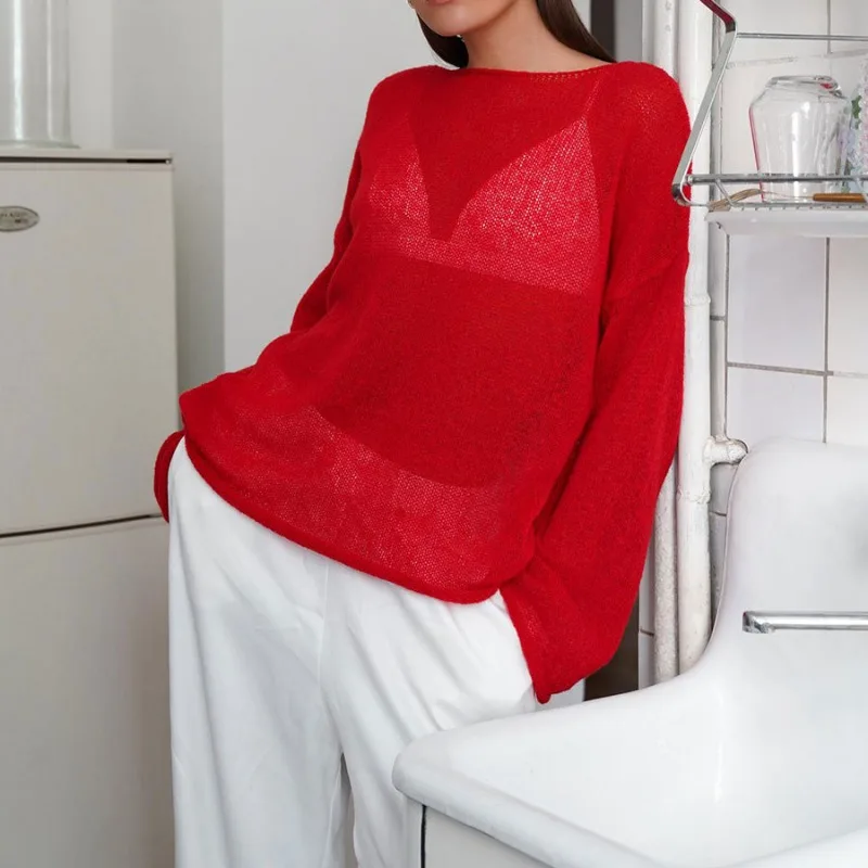 White Oversize Thin Knitted Pullovers Women Summer Knitwear T Shirts Red Loose Sweaters Trumpet Sleeves Transparent Sweater 2024