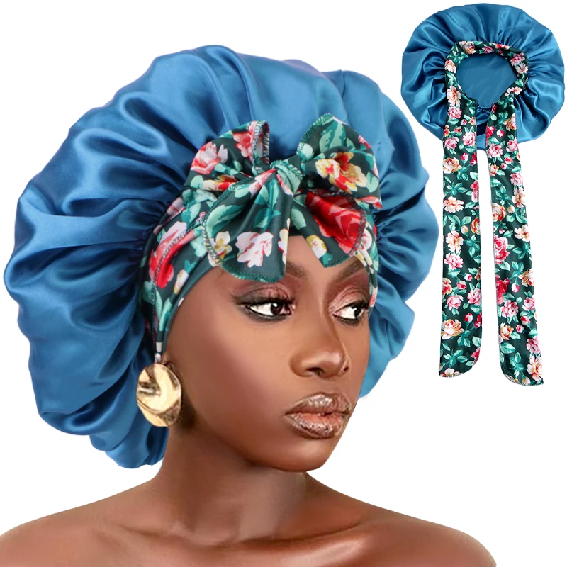 

New Women Print Satin Bonnet Silky Hair Bonnet With Tie Band Sleep Hair Cover Night Bonnets Shower Cap Natural Curly Hair