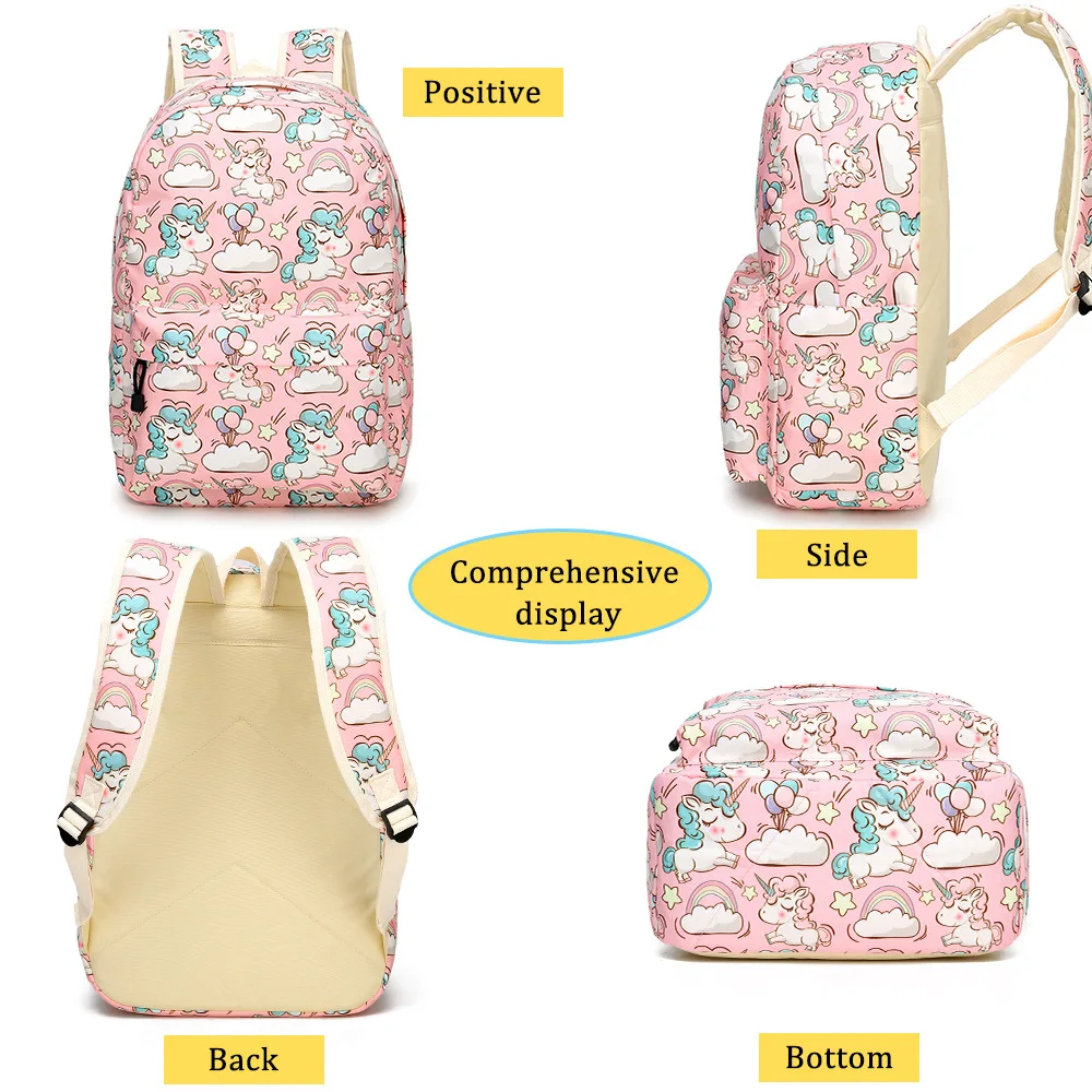 Mochila escolar primária para adolescentes, lancheira infantil, estojo para lápis, unicórnio, novo, 3 peças