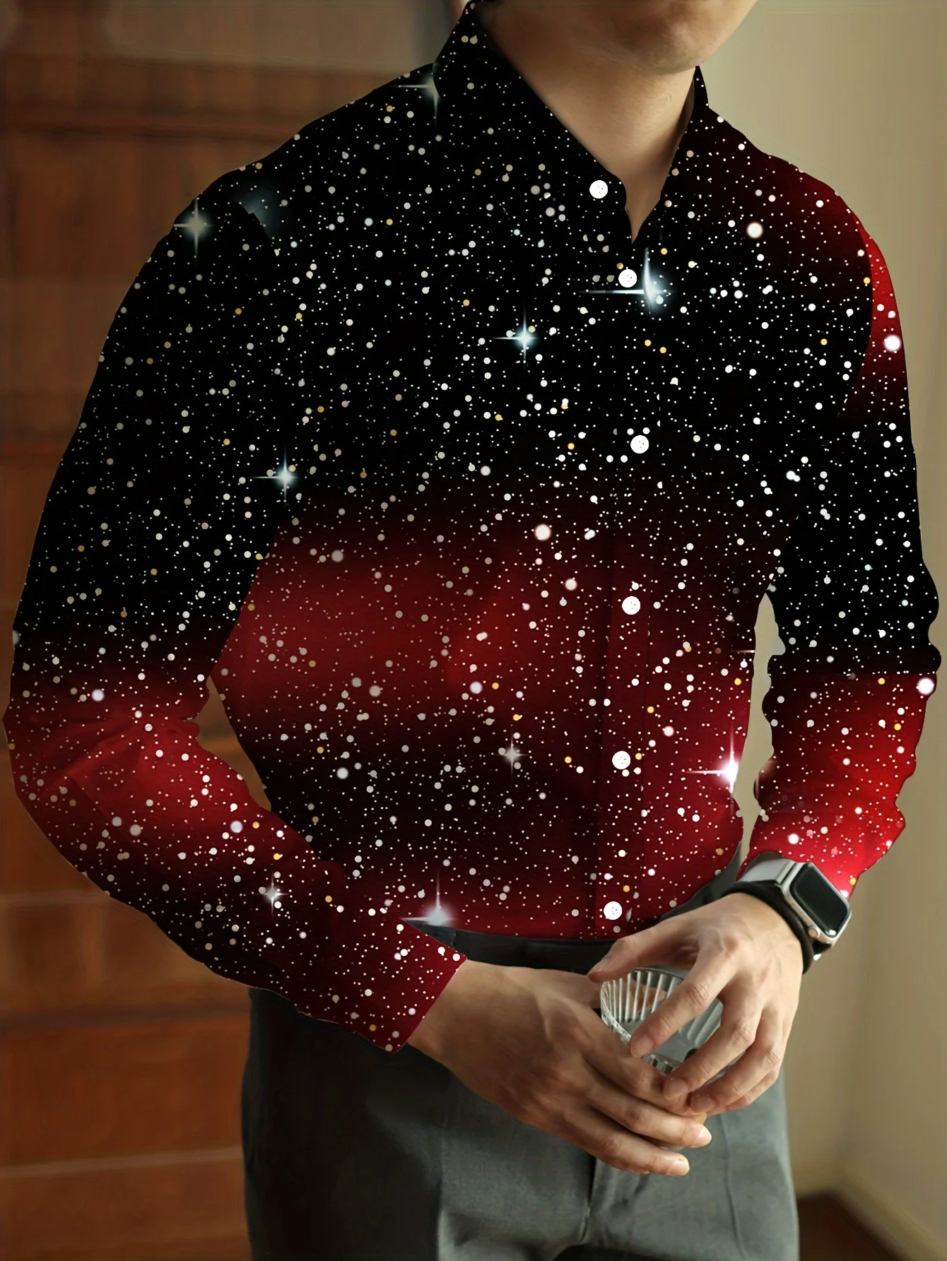 Trendy Men Button‑Up Shirt Galaxy Starry Night Black‑Red Gradient Art Print Polyester Nightclub Dating