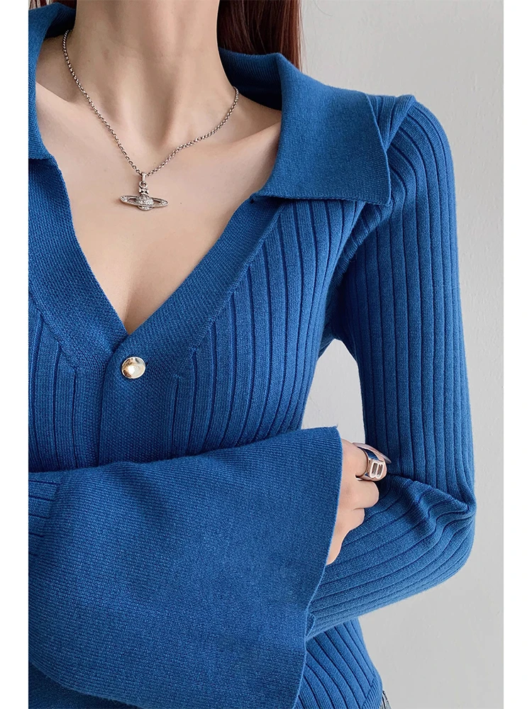 

Blue V-Neck Knitted Open Cardigan Women's Spring Autumn Outerwear Slim Fit Base Layer Winter Sweater Jacket Commute Style
