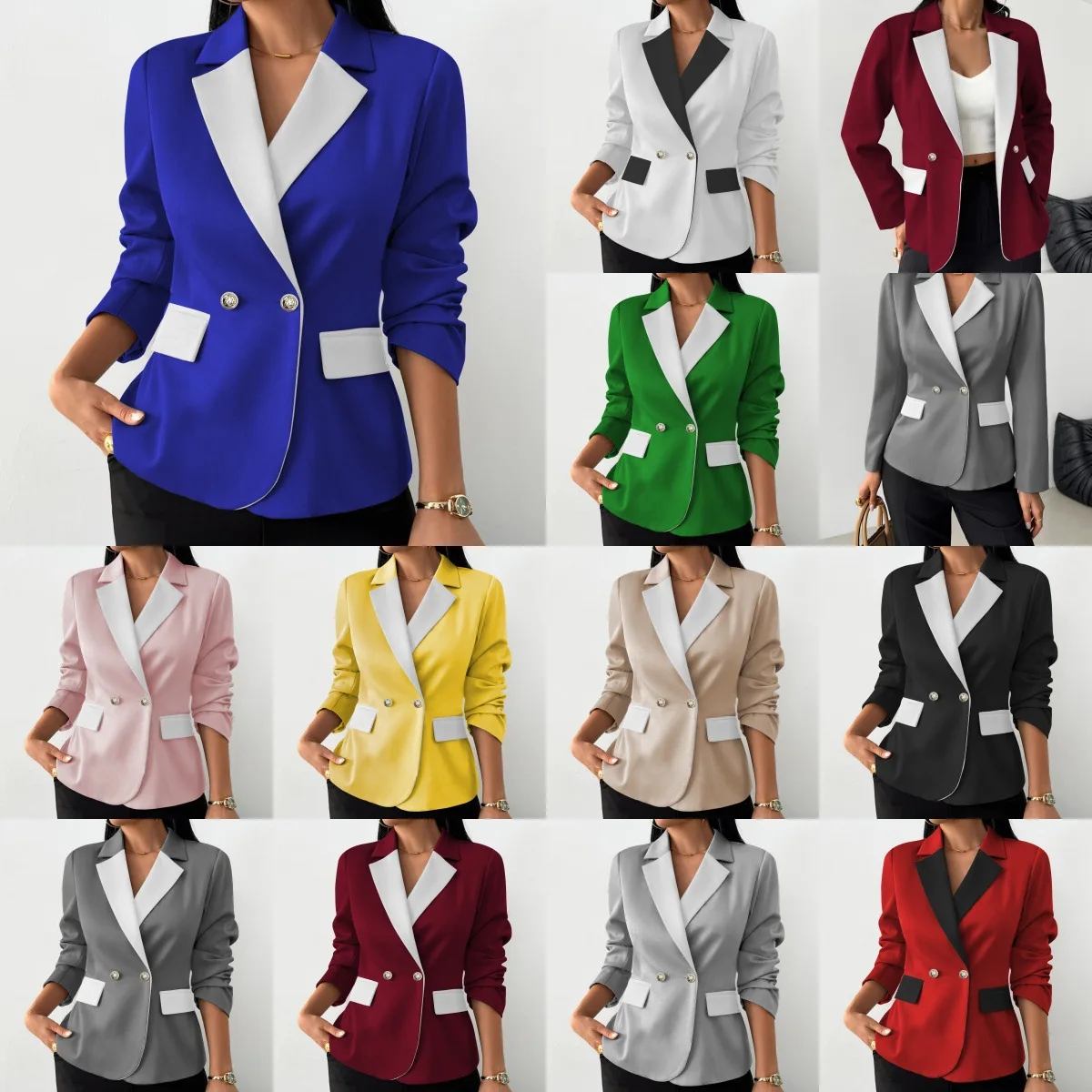 Women Color Block Lapel Blazer Double Button Long Sleeve Contrast Collar Office Suit Jacket Casual Coat