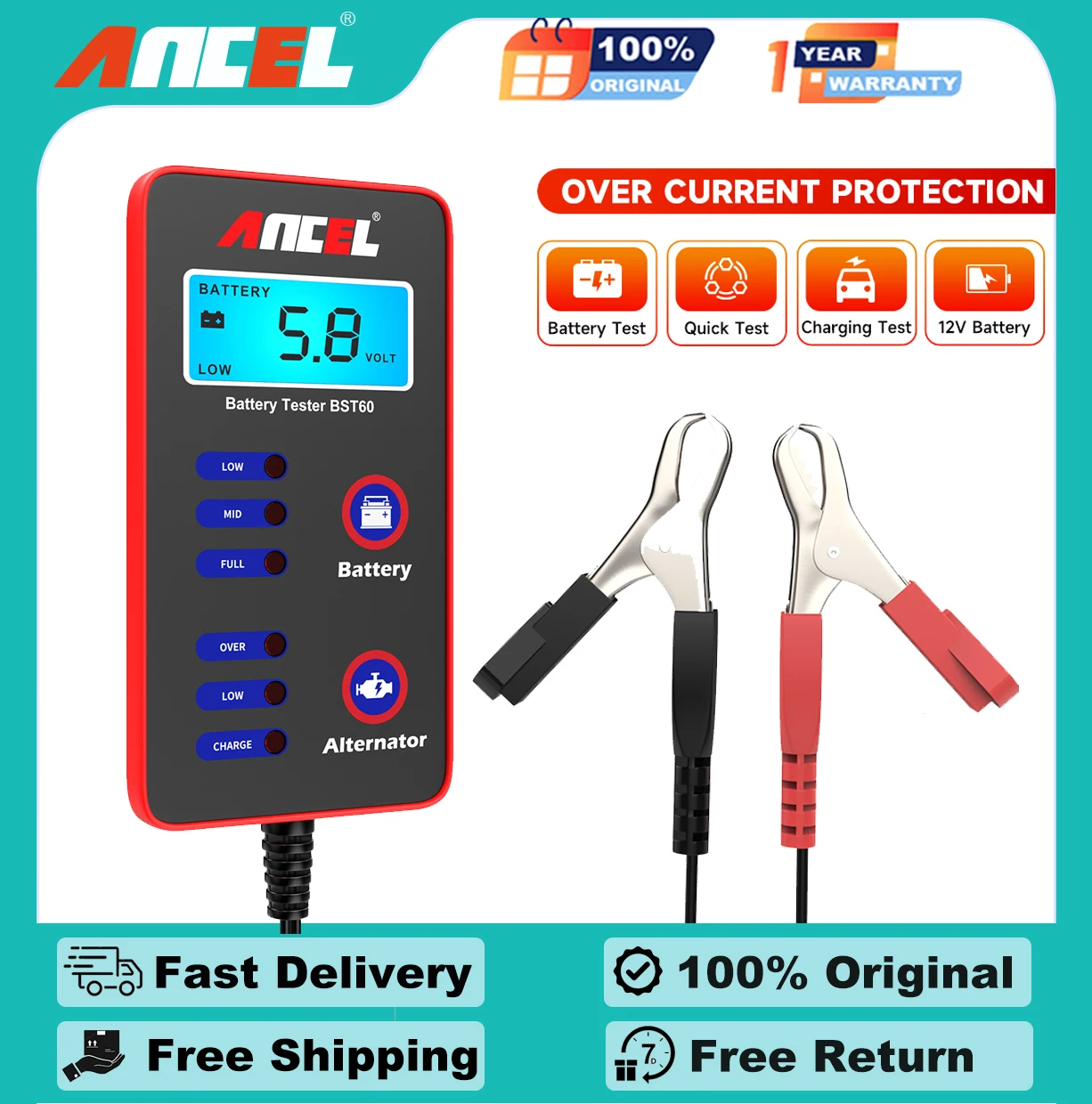 

ANCEL BST60 OBD2 Automotive Battery Diagnostic Tool Test 12V 100-2000CCA Battery System Cranking Circuit load Quick Car Analyzer