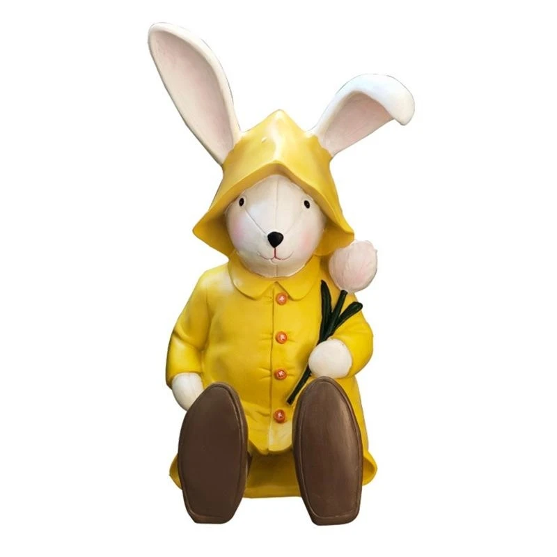 L9NB Easter Raincoat Rabbit Sculpture Simulation Animal Statue Resin Figurine for Home Indoor Outdoor Garden Decoration