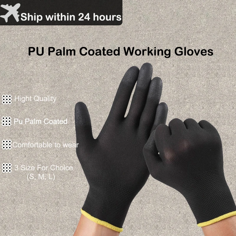 

2/6/12 Pairs New Work Safety Gloves Nylon Knitted Gloves With PU Coated For Gardener Builder Driver Mechanic Protective Gloves