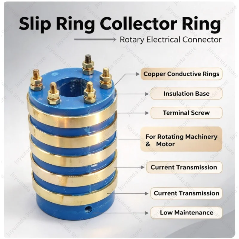 5-Way Slip Ring Copper ID25 OD58 H92, Ring Width 9mm Spacing 7.5mm, with Herringbone Carbon Brush Conductive Ring