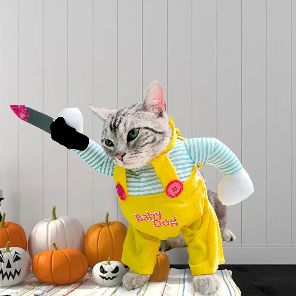 

Cat Cosplay Costume Funny Pet Apparel For Halloween Dogs Cosplay Clothes Scary Outfit With Arms Knife Kitten Transformation Suit