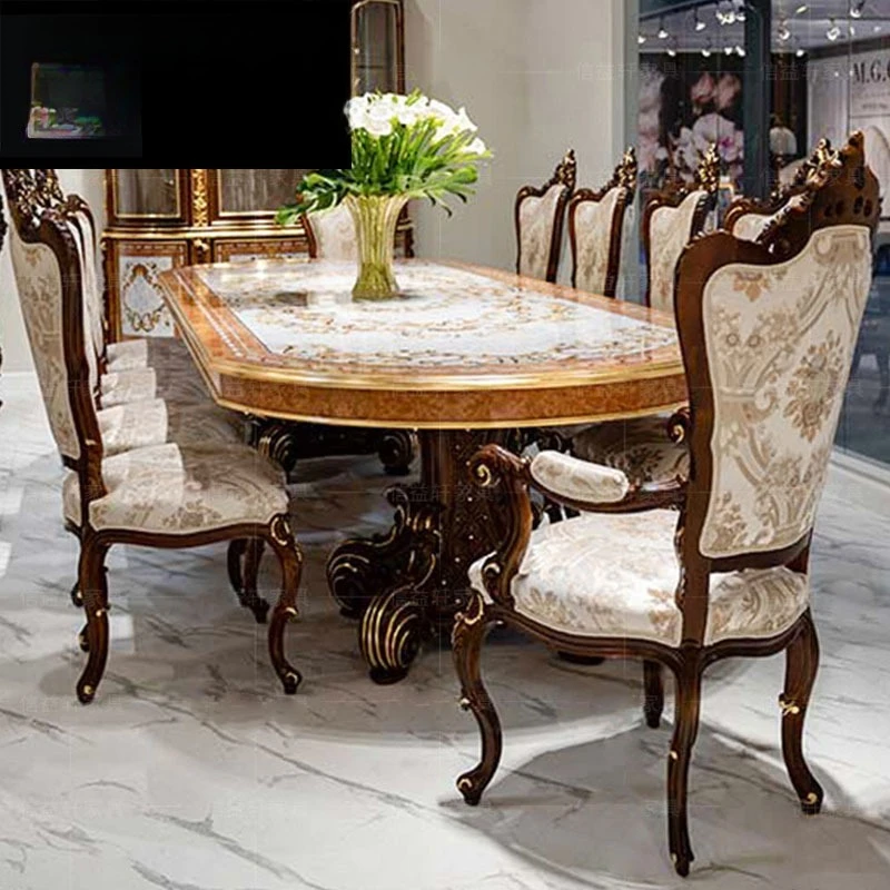 Inlaid shell parquet inlaid mahogany dining table French court dining table and chair combination furniture