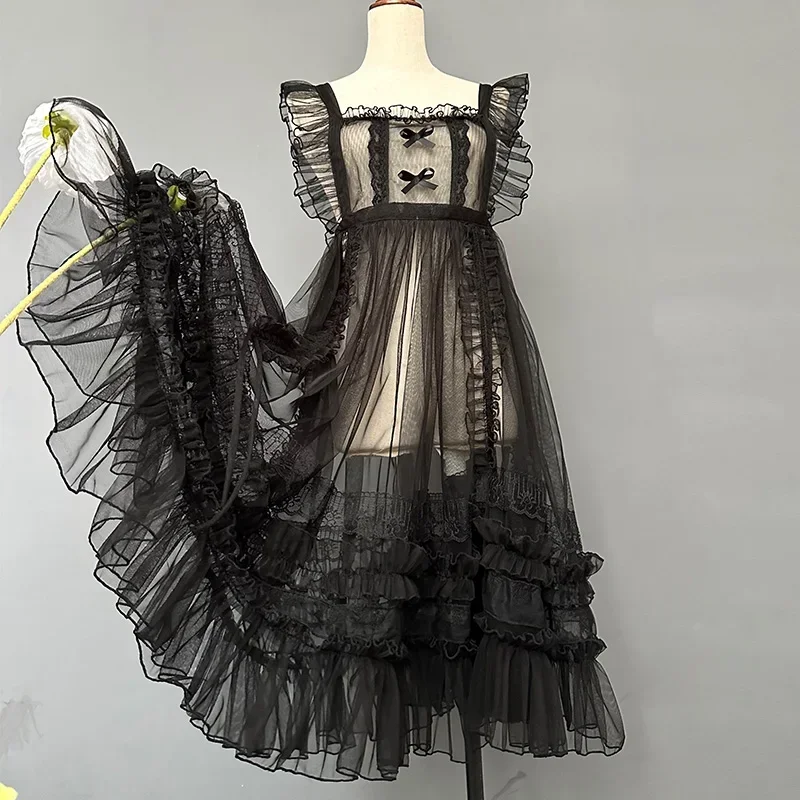 

Japanese Sweet Lolita Apron Sheer Mesh Ruffled Lace Dress Women Kawaii Gothic Lolita Black Lace Princess Dress