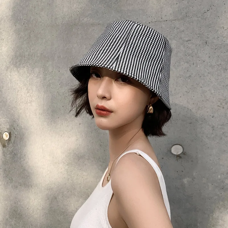 

Fashion Designer Style Plaid Women Cotton Bucket Hat Summer Travel Vacation Sun Hat