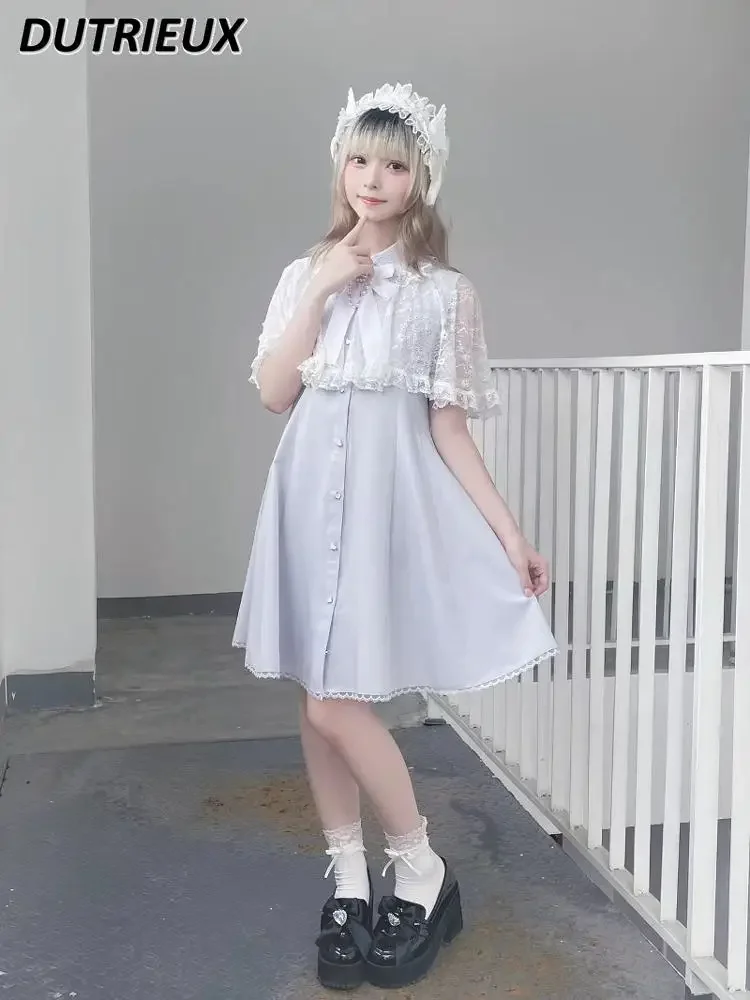 

Mine Series Mass-produced Lace Shawl Lapel Single-breasted Short-sleeved Dress Japanese Sweet and Cute Gentle Bow Waist Dresses