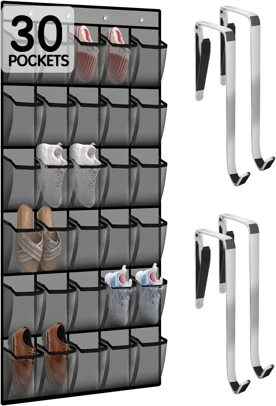 30 Pocket Over Door Shoe Organizer - Breathable Mesh, Large Capacity, Hanging Closet Storage for Men & Women, Gray