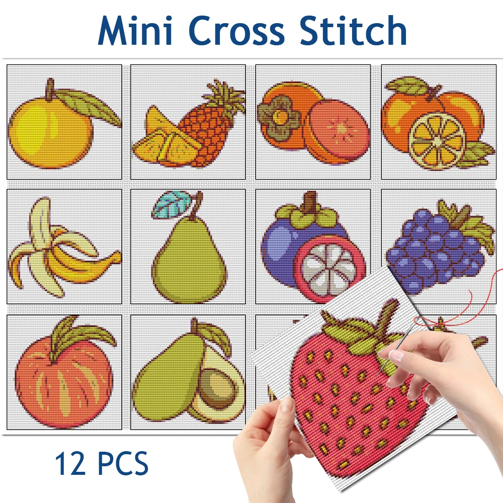 Evershine – Mini kit de broderie au point de croix, 12 pièces, motif de fruits, couture à la main, design multi-pièces banane poire, adapté aux débutants