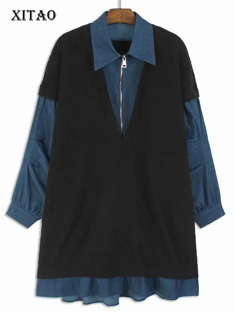 

XITAO лоскутное платье на молнии контрастного цвета с отложным воротником и длинными рукавами, пуловер для похудения, модные платья, осень 2021, LJ1041