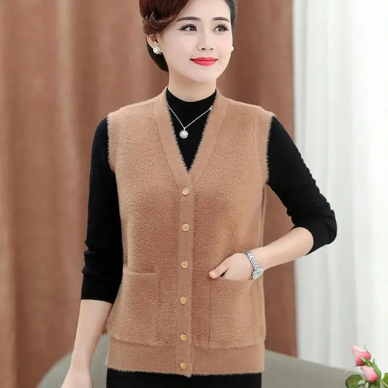 

2023 New Autumn Winter Fashion Women Vest Imitation Mink Fleece V-Neck Sleeveless Vest Casual Loose Pocket Warm Cardigan Vest