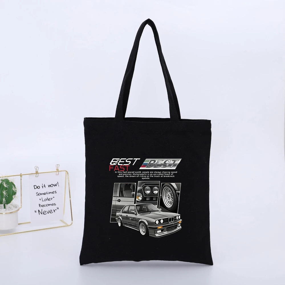 Car Graphic Black Canvas Tote Bag with Typography Print, Retro Style for Daily Shopping and Casual Outings