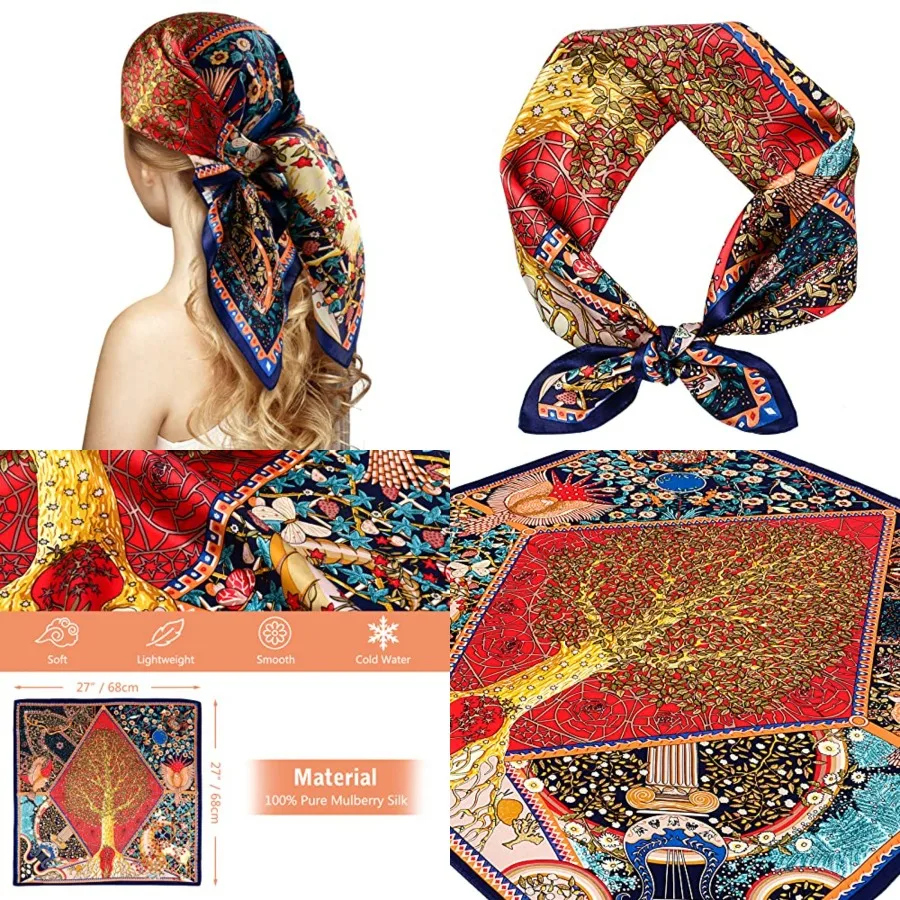 

100% Silk Head Scarf for Women - 27" Hair Scarves Satin Bandanas Square for Night Sleeping with Gift Packed, Red/Tree