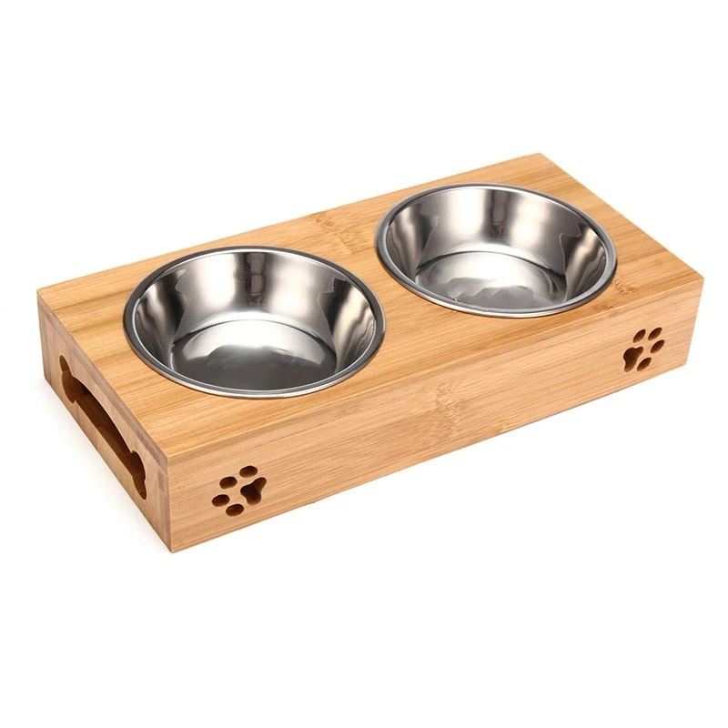 Stainless Steel Pet Feeder, Small Dog and Cat Bowls for Puppy, Bamboo Rack, Food, Water Bowl, Cats Feeding Dishes Pet Drink Bowl