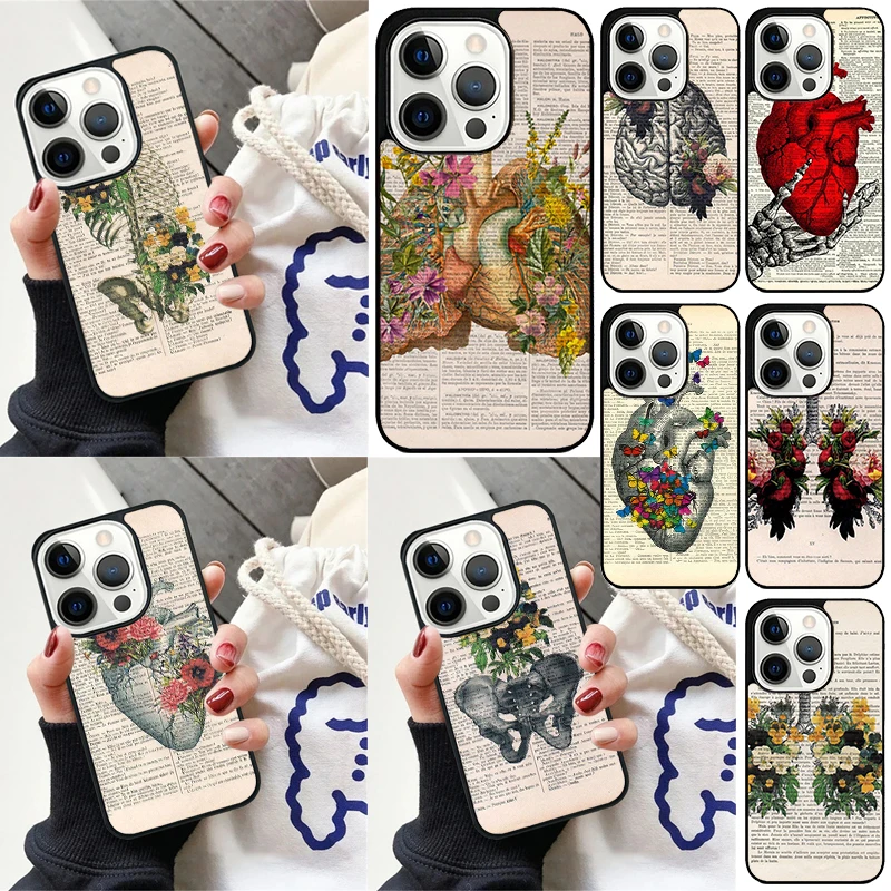 Vintage Anatomy Heart Brain Nurse Cover For iPhone 16 13 14 15 Pro Max 12 Mini 11 15 Pro Max 7 8 Plus Max SE 2020 Phone Case