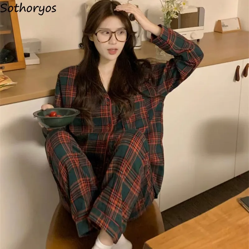 Autumn Pajama Sets Women Plaid Korean Vintage Sleepwear Slouchy Loung Students Sweet Girl Homewear Harajuku Comfortable Loose