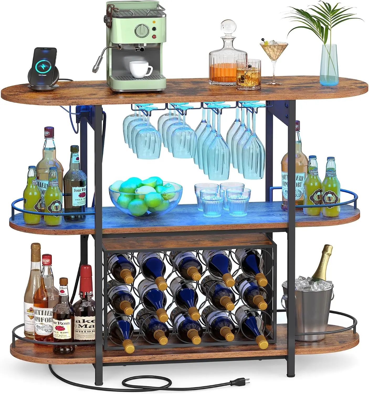 Bar Cabinets for Home, LED Coffee Bar with Power Outlets | Mini Bar for Liquor, Freestanding Wine Rack with Glass Holder, Dining Room, Rustic Brown, ISLAND Collection ULWR007K01S
