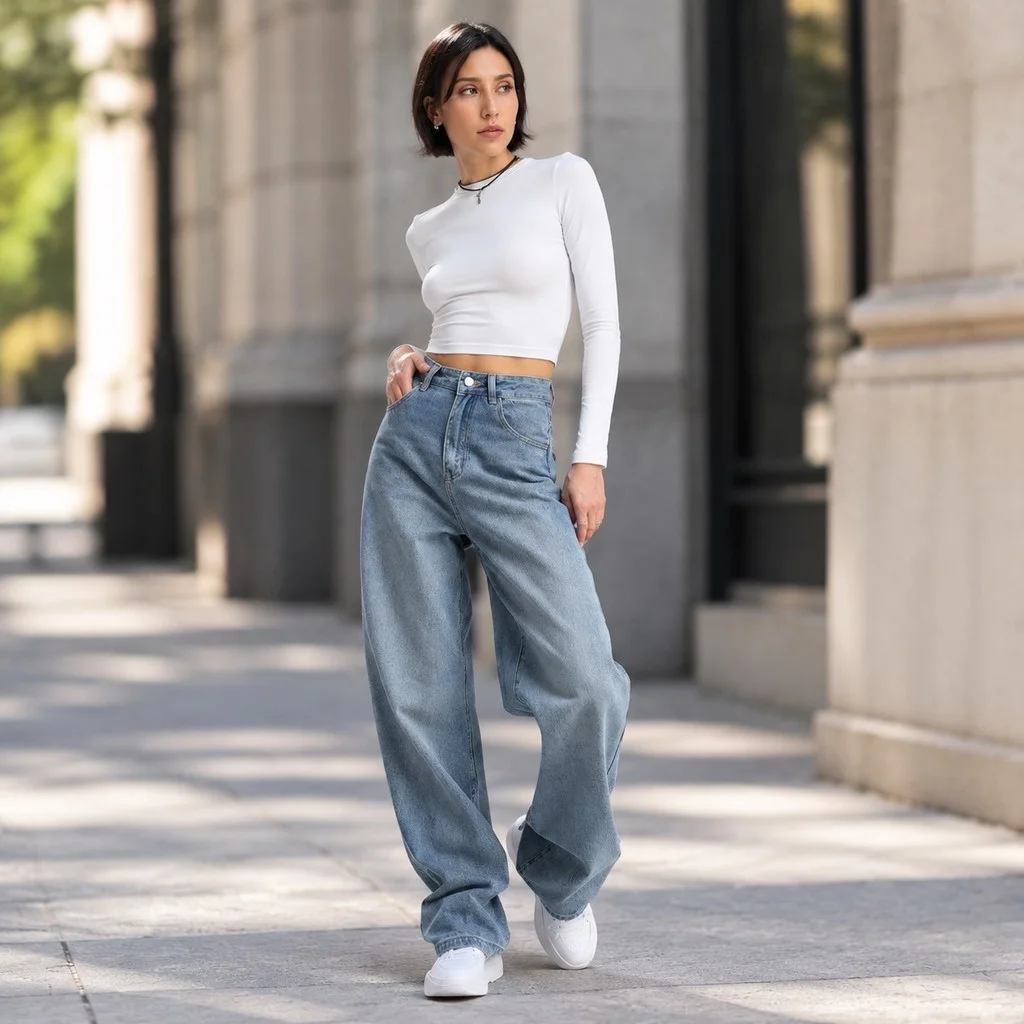 Style Women Jeans Pants Mid Rise Commuter Chic with Spring Washed Effect Mid Rise Waist Ozon Wb Loose Fit Cross Border Jeans
