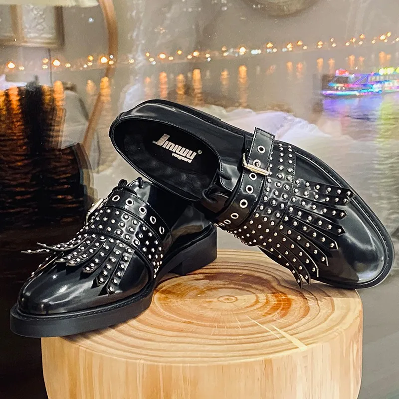 JINIWU 2026 AW Men's Oil Black Cowhide Monk Shoes, Stud Tassel Buckle Unique Casual Fashion Leather Shoes