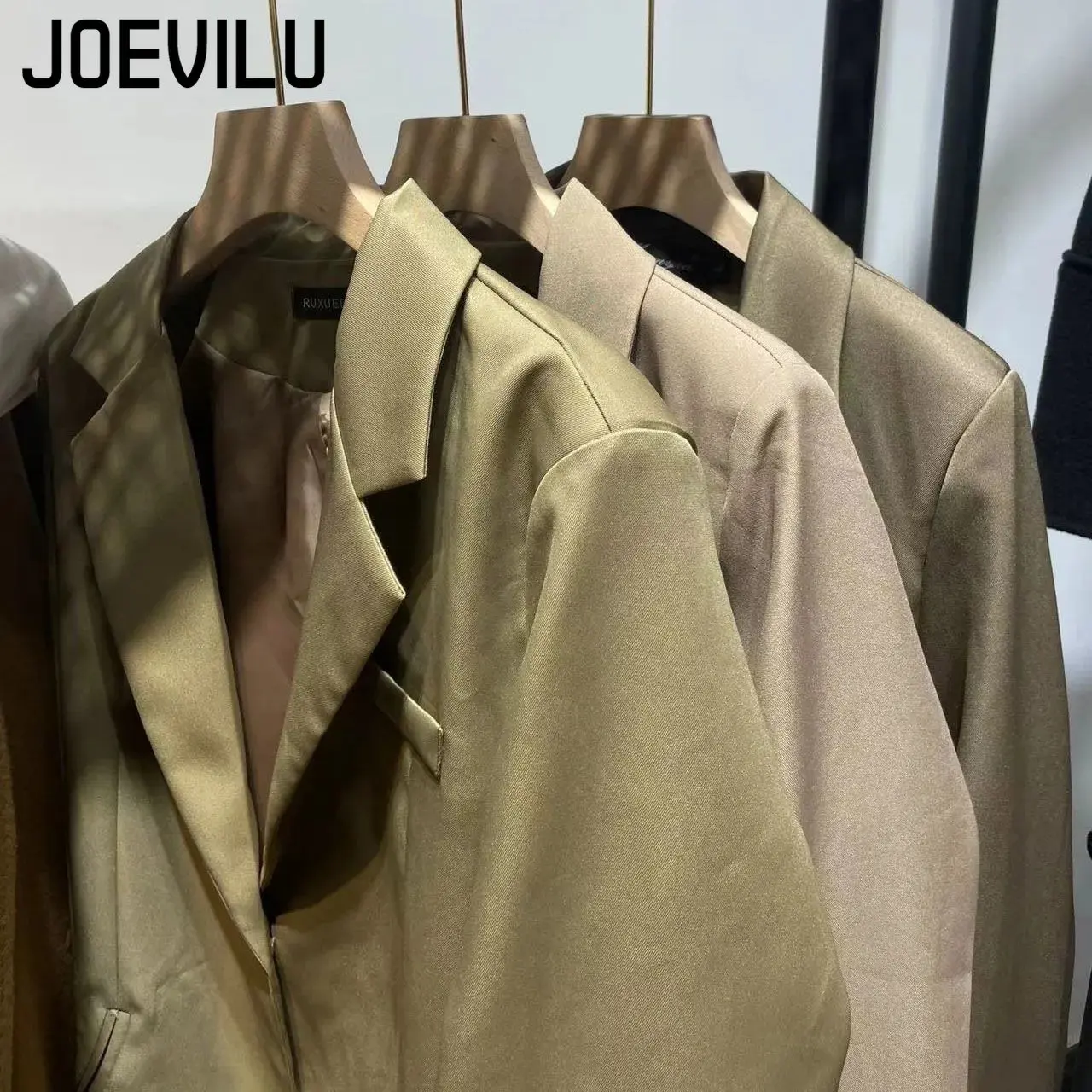 JOEVILU Mid-length Blazer Single Breasted Elegant Coats Women's Premium Chic Suit Spring and Autumn Korean Fashion Casual Jacket