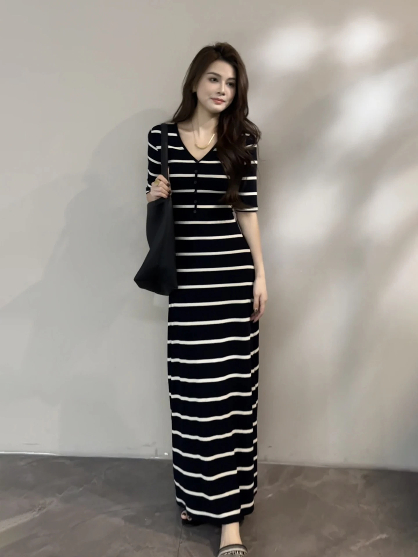 

Повседневное длинное платье в полоску с цветовыми блоками и рукавом три четверти, приталенное, летнее, новый стиль, DT1979, смесь полиэстера, вискозы и спандекса