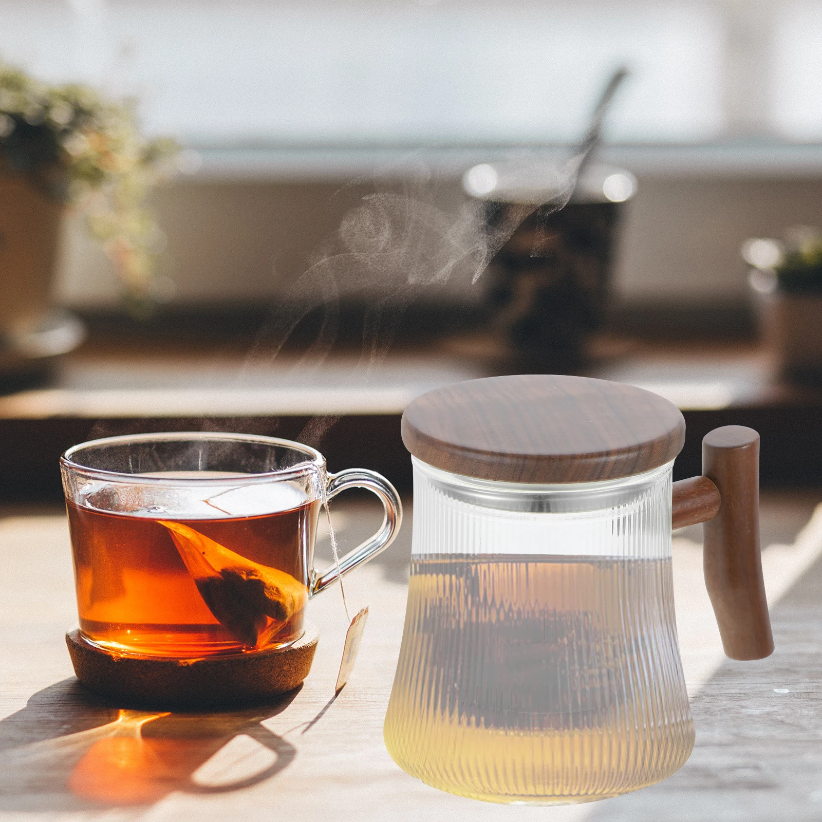 

1 Set Vertical Stripes Glass Tea Infuser Cup Wood Handle Heat Resistant Coffee Mug With Filter For Loose Leaf Homemade Tea Mugs
