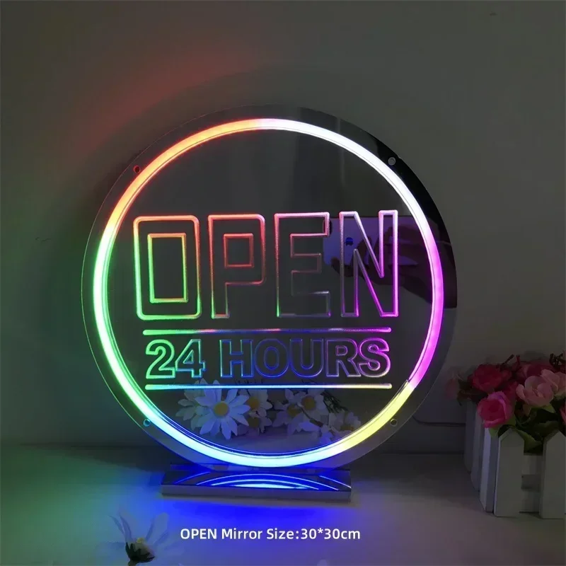 RGB Open 24 Hours LED Lights Open Neon Sign Mirror Colorful Neon Lamp Wall Decor Cafe Bar Store Decoration Shine Neon Light USB