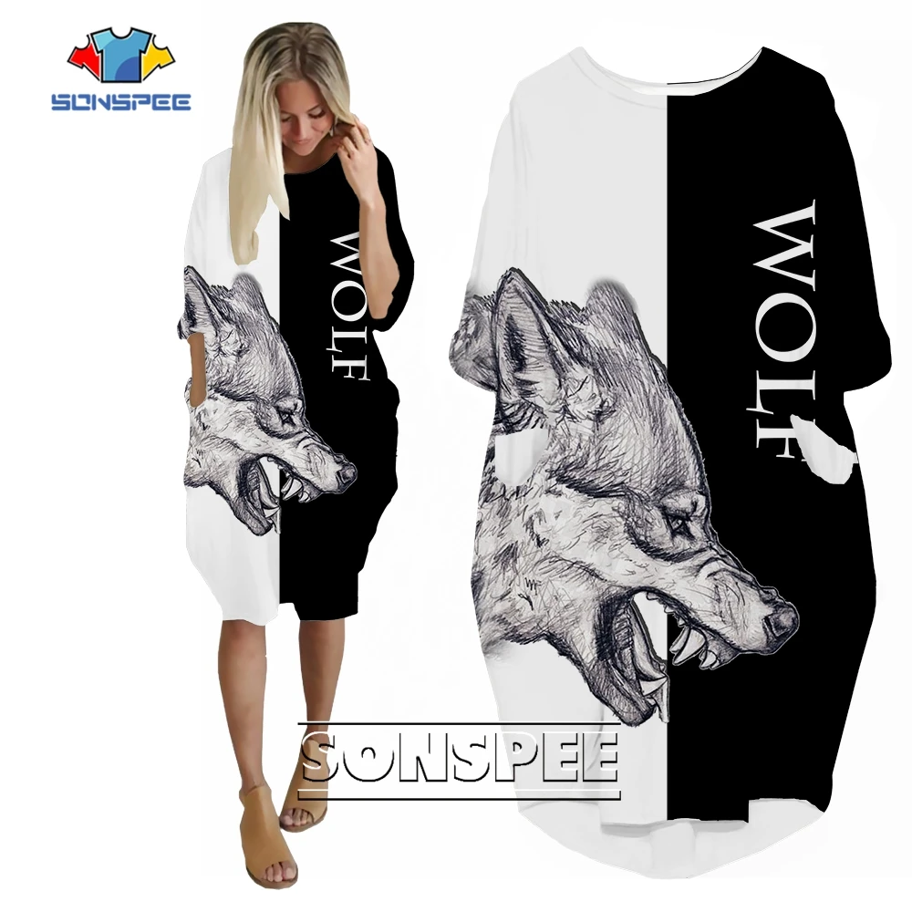 SONSPEE Aloof Wolf Pattern 3D Printed Fashion Dress Long Sleeve Skirt Female Casual Personality Robe Hip Hop Harajuku Streetwear