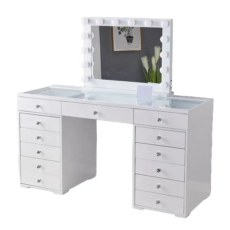 

//Large Capacity Multifunctional Modern Simple Wooden Panel Dressing Table LED Light Mirror Bedroom Floor Type Multi Drawer