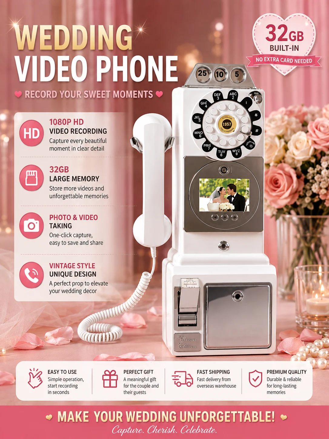 Video-Gästebuch-Telefon für Hochzeiten, Vintage Audio-Gästebuch mit Bildschirm, HD-Videorekorder, 32GB Speicher, Retro-Telefon-Gästebuch, Hochzeitsdekoration, Brautparty-Zubehör,