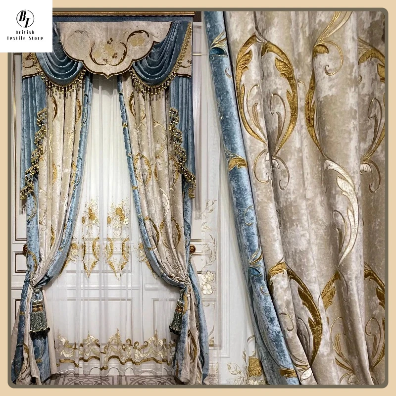 

High-end Luxury Villa European-Americancurtains for Living Room and Bedroom Blackout Curtains Custom Blue Embroidered Curtain