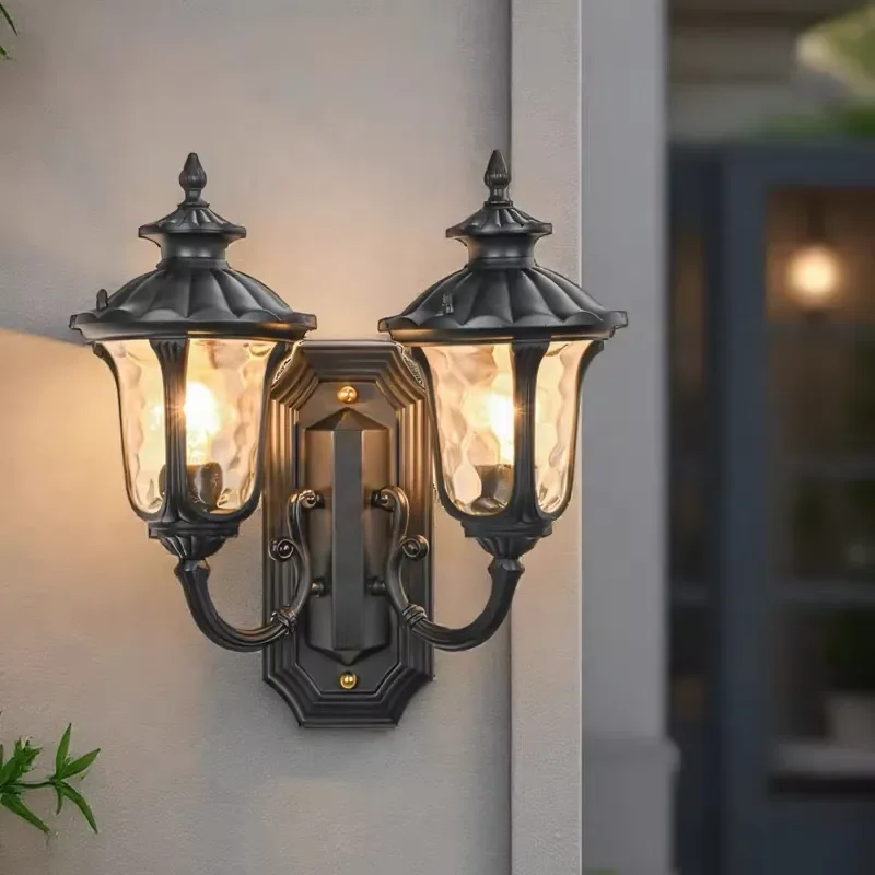 Double head square LED polycarbonate outdoor garden waterproof wall lamp European antique aluminum alloy rust-proof lamp