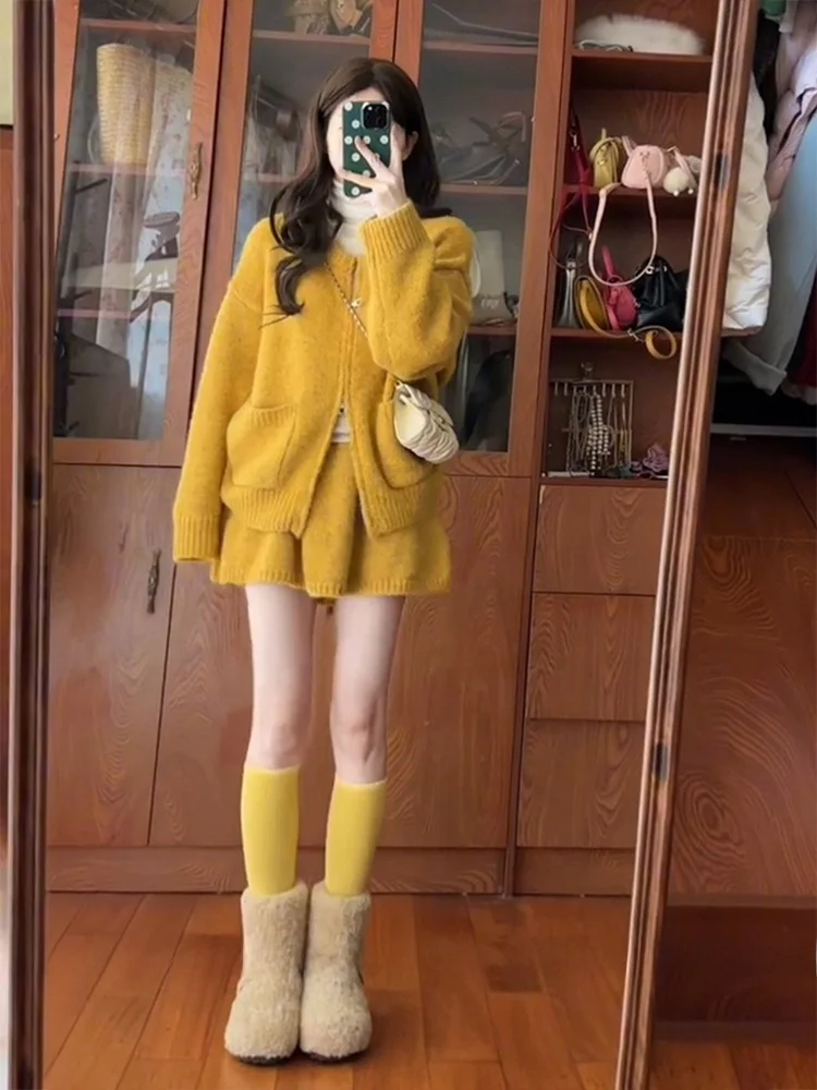 Yellow Knitted Open Cardigan Set Women's Loose Sweater Shorts Two-Piece Set Comfortable Spring Fashion JIUYUEDI End of Septem...
