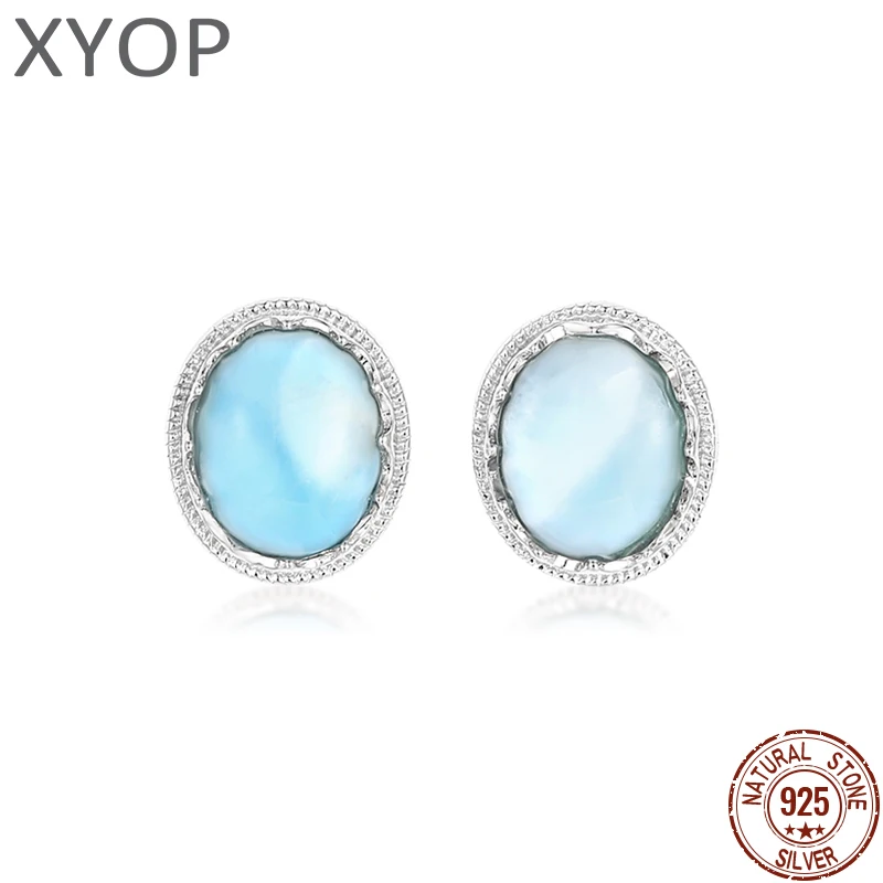 Natural Precious Larimar Earrings for Women 2021 Simple Fashion Geometric Round Charm 925 Sterling Silver Jewelry Gift Classic