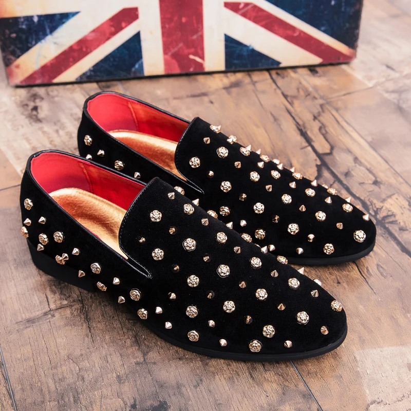 New Fashion Gold Luxury Men Velvet Dress shoes italian Sequins mens dress shoes Handmade Loafers Party Flats Zapatos Hombre