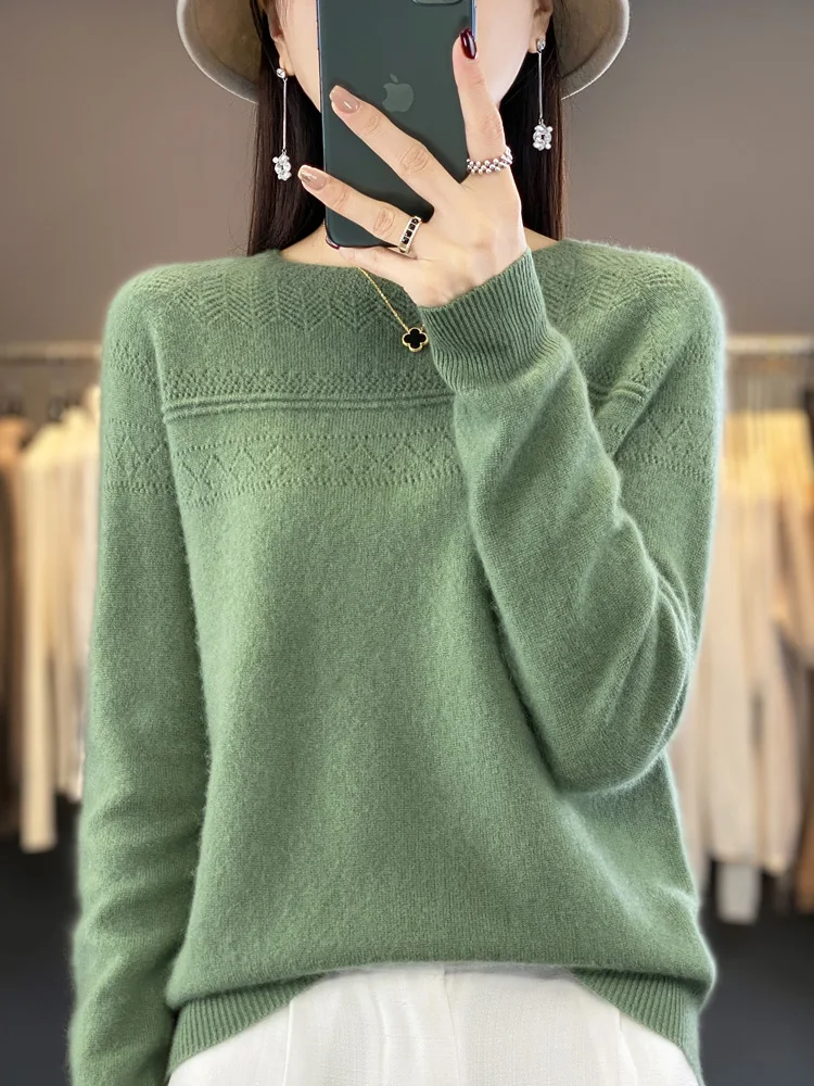 Autumn Winter Women Wool Sweater 100% Merino Wool Pullovers O-neck Hollow Long Sleeves Female Casual Cashmere Knitwear Korean