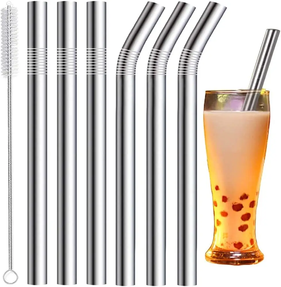 

Extra Wide Reusable Stainless Steel Straws for Bubble Tea and Smoothies, Set of 6 with Cleaning Brush